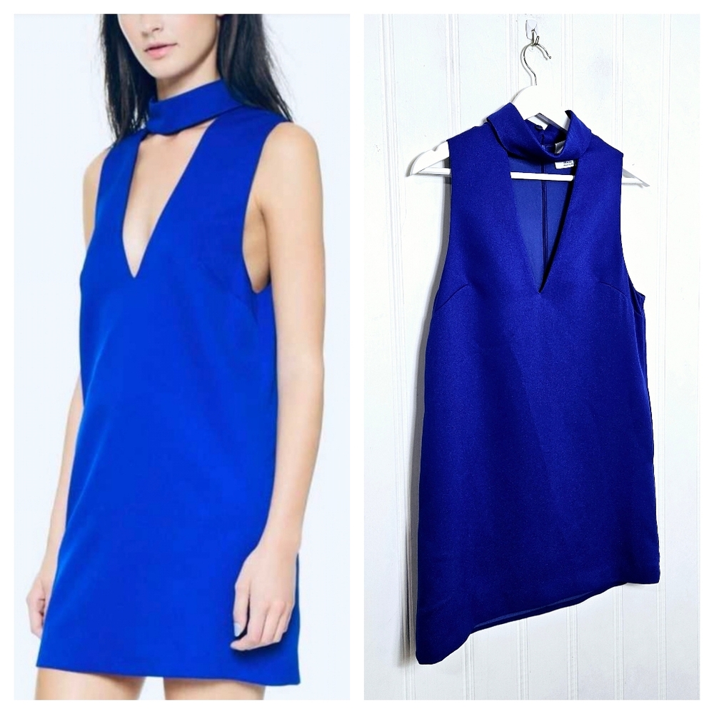 C/MEO Collective Dress S Say It Right Shift Mini Deep V Choker Neck Cobalt Blue